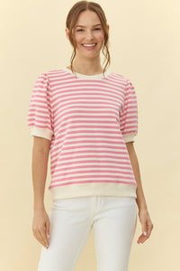 Ada Striped Short Puffed Sleeve top- Pink