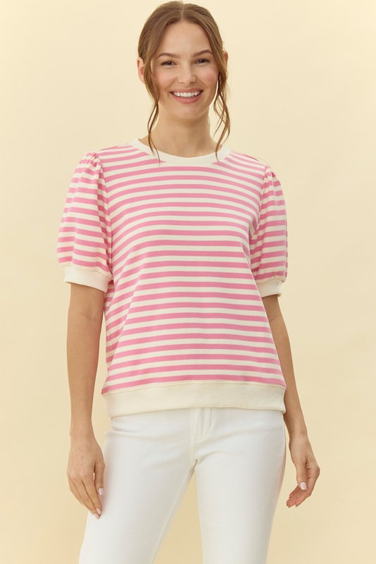 Ada Striped Short Puffed Sleeve top- Pink