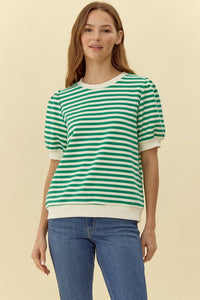 Ada Striped Short Puffed Sleeve top- Green