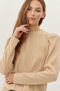 Macey Ribbed Long Puffed Sleeve Top- Natural