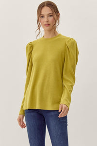 Macey Ribbed Long Puffed Sleeve Top- Avacado