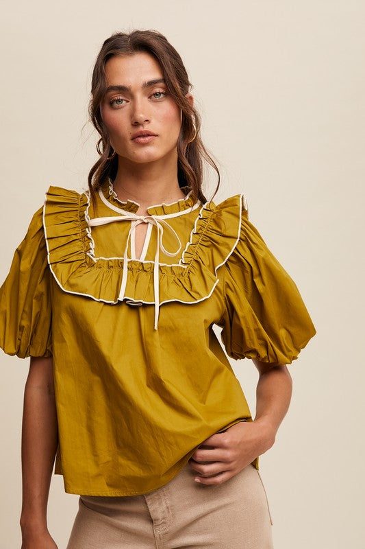 Olivia Tie Front Puffed Sleeve Top