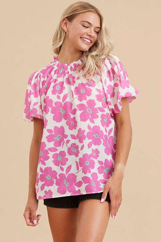 Jenna Flower Print Puffed Sleeves Top-Pink