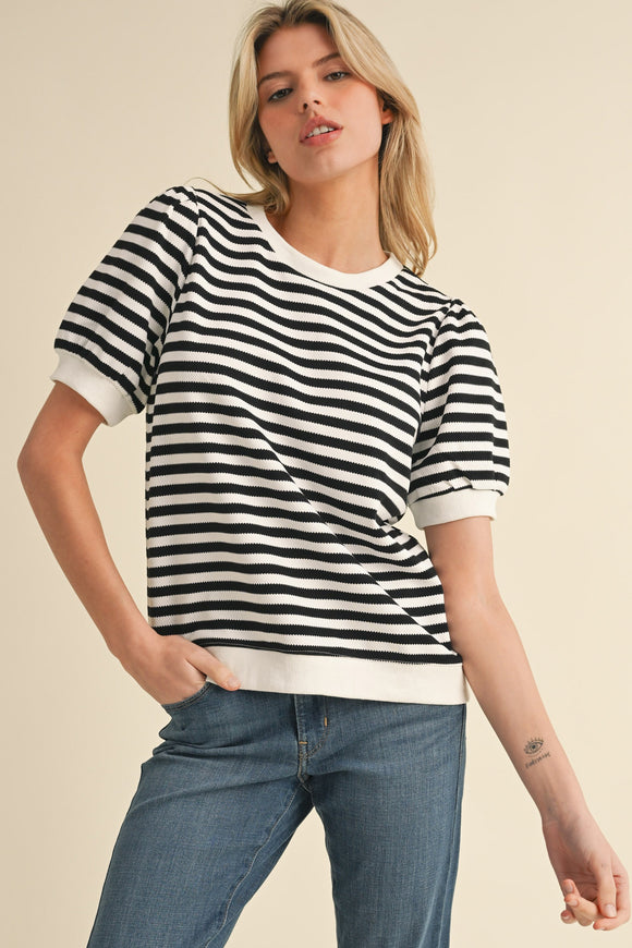 Ada Striped Short Puffed Sleeve top- Black