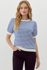 Ada Striped Short Puffed Sleeve top- Royal