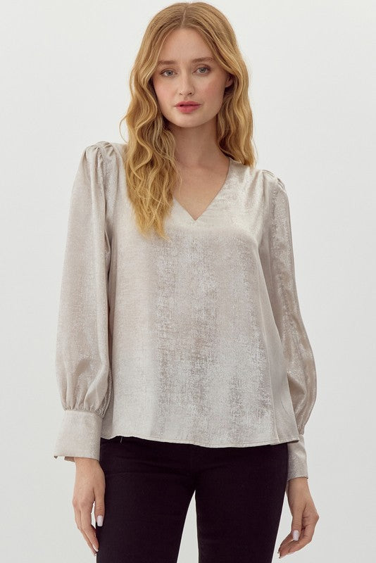 Cameron V-Neck Long Sleeve Top-Pearl