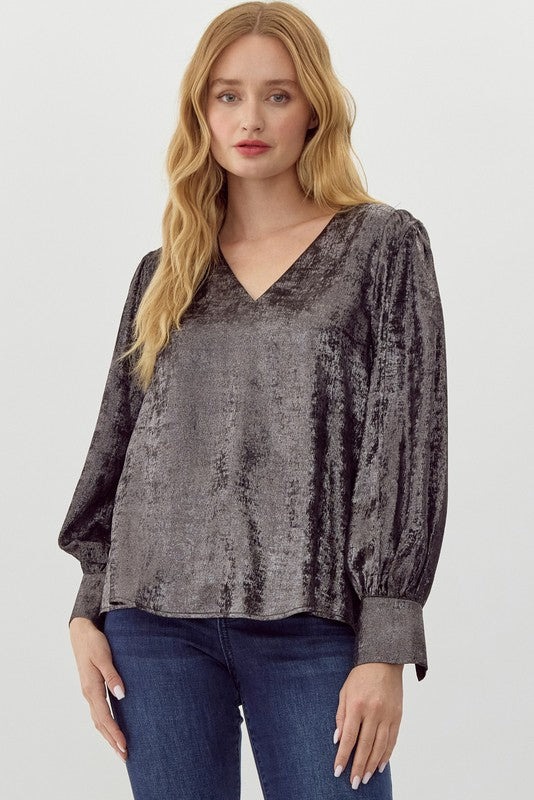 Cameron V-Neck Long Sleeve Top-Black