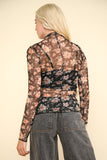 Lucy High Neck Fitted Sheer Mesh Lace Top- Black Floral