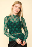 Lucy High Neck Fitted Sheer Mesh Lace Top- Forrest Green