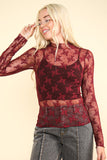 Lucy High Neck Fitted Sheer Mesh Lace Top- Wine