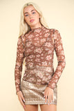 Lucy High Neck Fitted Sheer Mesh Lace Top- Floral Mcha