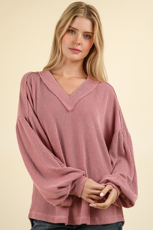 Jamie Two Tone Ribbed Top-wine