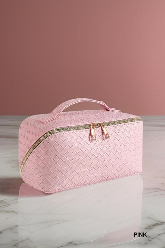 Woven Leather Travel Bag Pink