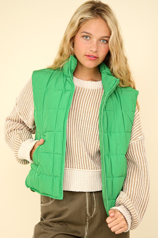 Heidi Solid Puffer Vest-Kelly Green