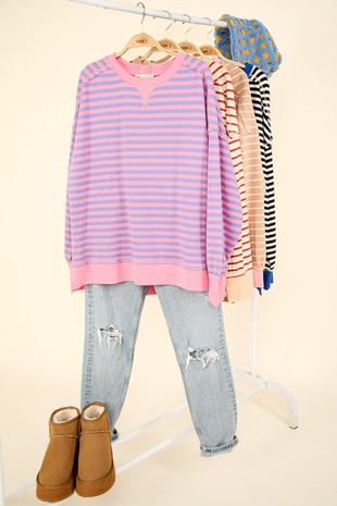 Eloise Stripe Oversized Knit Top- Pink/Purple