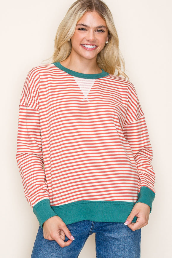 Ivy Striped Terry Pullover- Rust