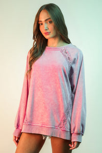 Lace Detail Mineral Washed Crewneck-Orchid