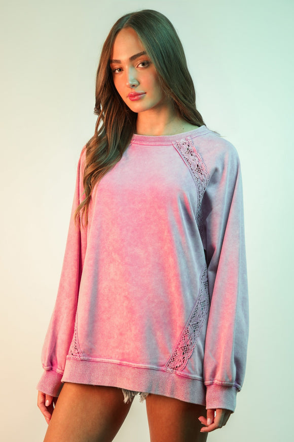 Lace Detail Mineral Washed Crewneck-Orchid