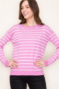 Caitlynn Stripe Crew Neck Sweater-Pink