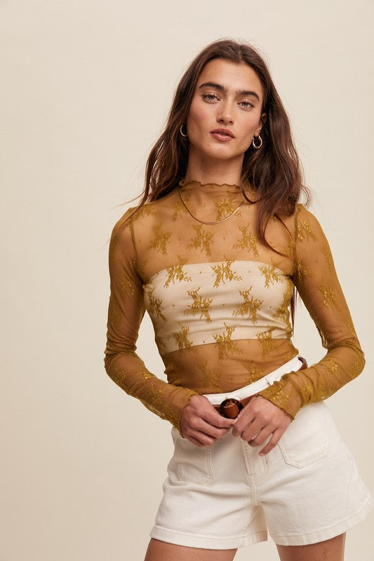 Blaise Lacy Mock Neck Mesh Knit Top- Lemon Grass