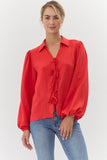 Kinsley Bow Tie Bubble Sleeve Top- Red