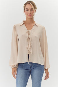 Kinsley Bow Tie Bubble Sleeve Top- Oatmeal