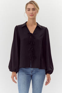 Kinsley Bow Tie Bubble Sleeve Top- Black