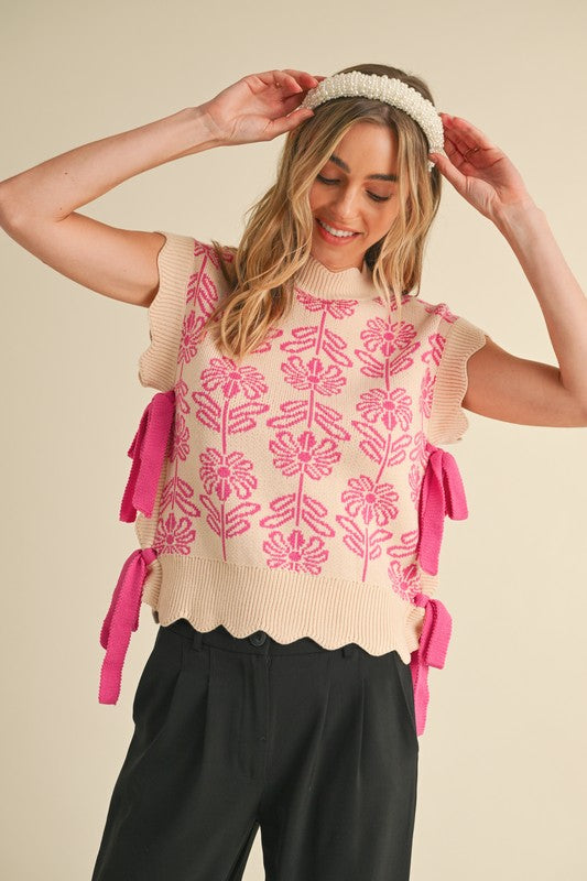 Dakota Scallop Floral Sweater Vest-Pink