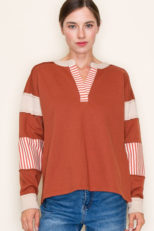 Brianna Color Block L/S Top-Rust