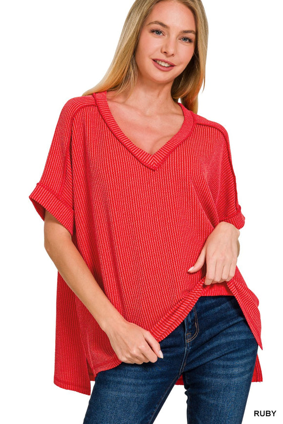 Caroline Ribbed V-Neck Top- Ruby