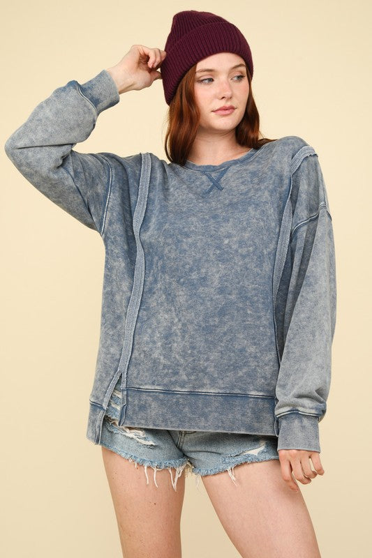 Hazlee Mineral Washed Long Sleeve Top- Denim Blue