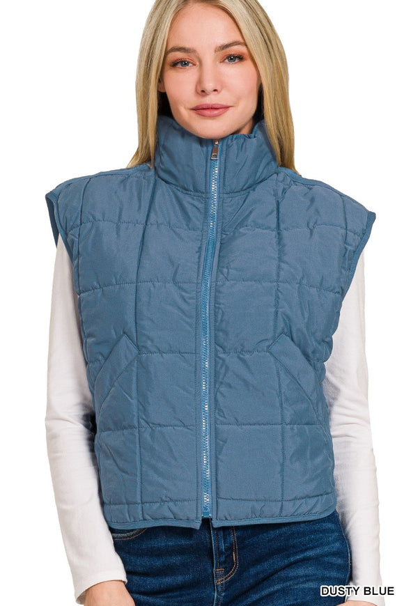 Mattie Quilted Puffer Vest- Dusty Blue