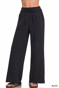 Kasen Fleece Wide Leg Bottoms- Black