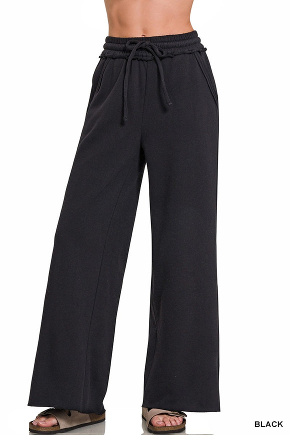 Kasen Fleece Wide Leg Bottoms- Black