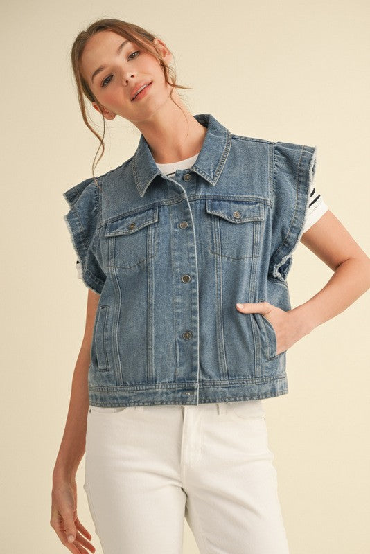 Malia Ruffly Shoulder Denim Jacket Vest