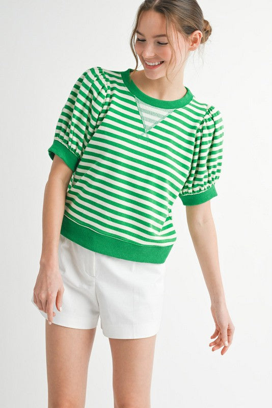 Ada Striped Short Puffed Sleeve top- Green