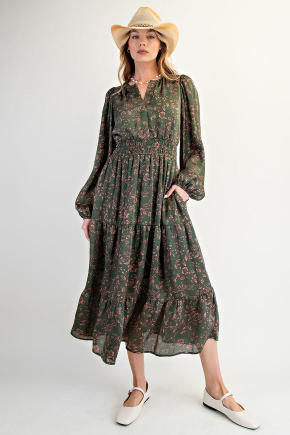 Rachel Olive Floral Printed Sleeve Dress