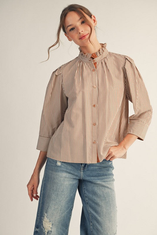Raven Stripe Collared Top-Mocha
