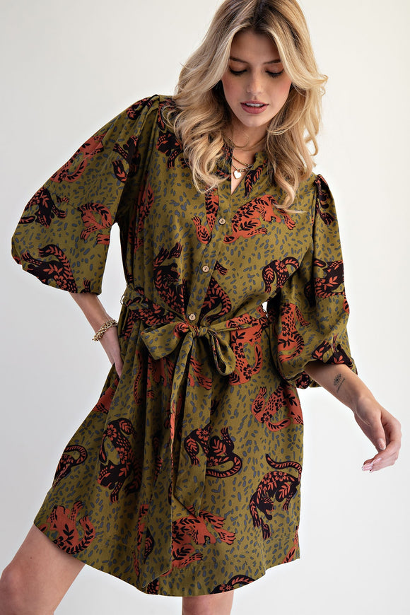 Olive Leopard Tie Waist Dress