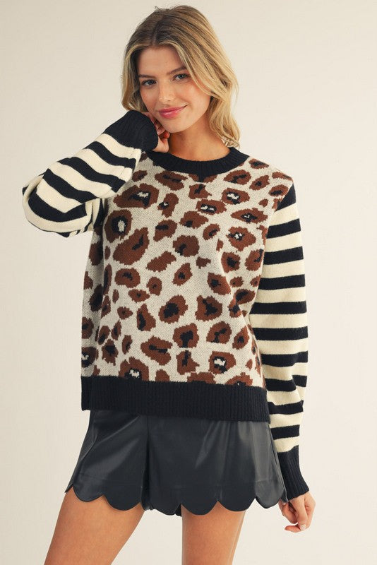 Leah Leopard & Stripe Sweater Top Cream