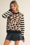 Leah Leopard & Stripe Sweater Top Cream