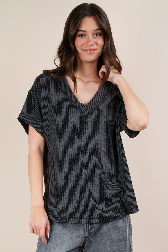 Joey Ribbed Knit Top-Charcoal