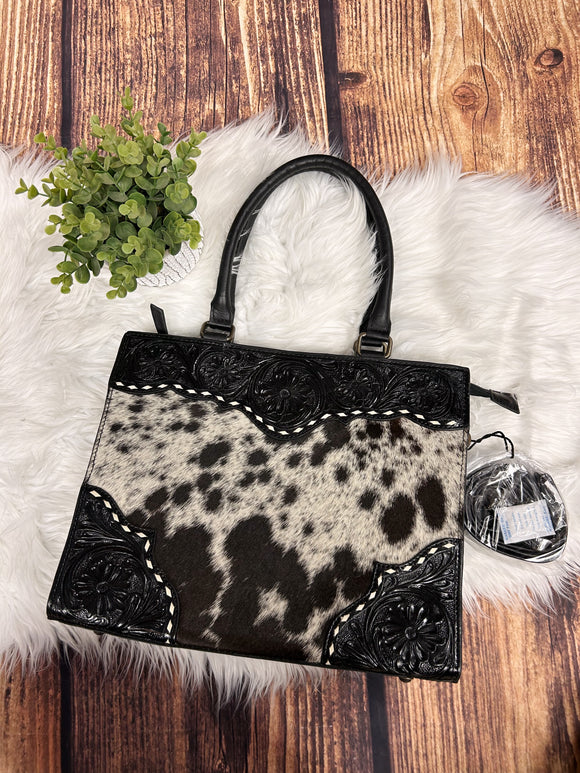 Black Leather/Cowhide Tote Bag