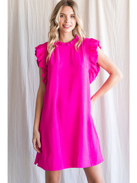 Lauren Ruffled Sleeve Dress-Hot Pink Lauren Ruffled Sleeve Dress-Hot Pink