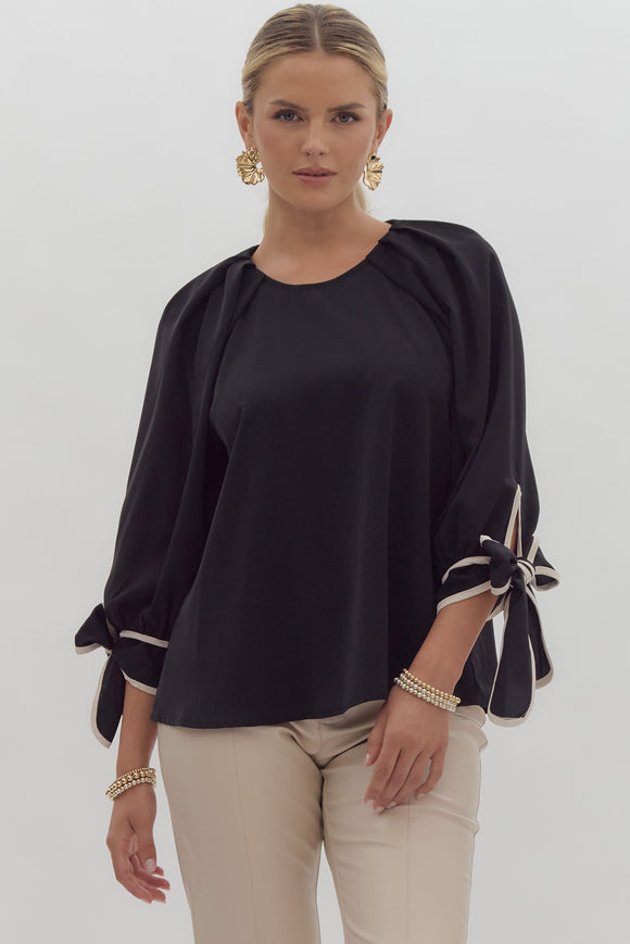 Atlas 3/4 Sleeve Bow Top-Black