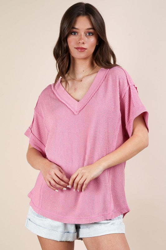 Faye Ribbed Knit Top-Pink