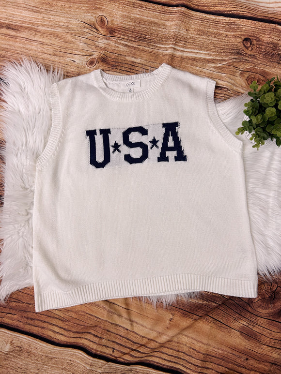 USA Sweater Vest-White/Navy