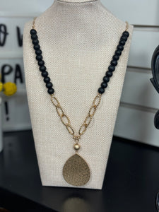 Black Wood Beaded with Hammered Gold Tear Drop 32" Necklace