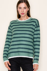 Striped Color Contrast Crew Neck Sweater- Green