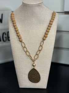 Taupe Wood Beaded with Hammered Gold Tear Drop 32" Necklace